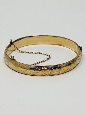 Vintage Forstner Gold Filled Etched Floral Hinged Bangle Bracelet